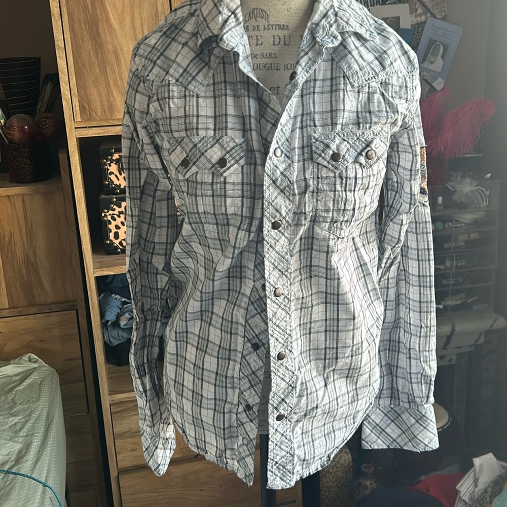 Vintage Red White & Gray Plaid Button Down Shirt - Medium